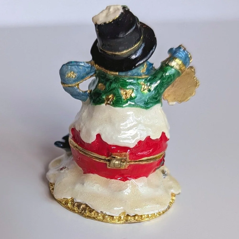 Snowman Trinket Box Enamel Crystal Hinged Collectible Christmas Holiday Decor